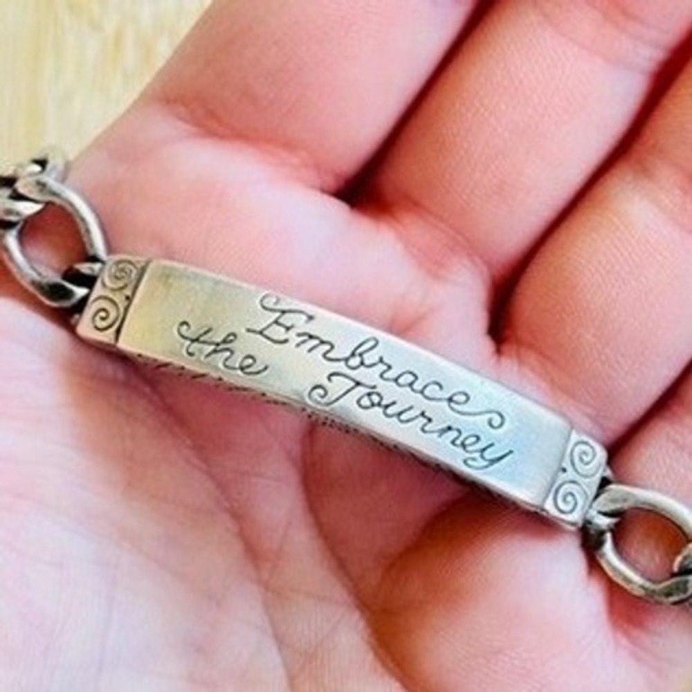 Brighton Embrace The Journey ID Bracelet Bar Cuban chain Signed Silver Plated 7"